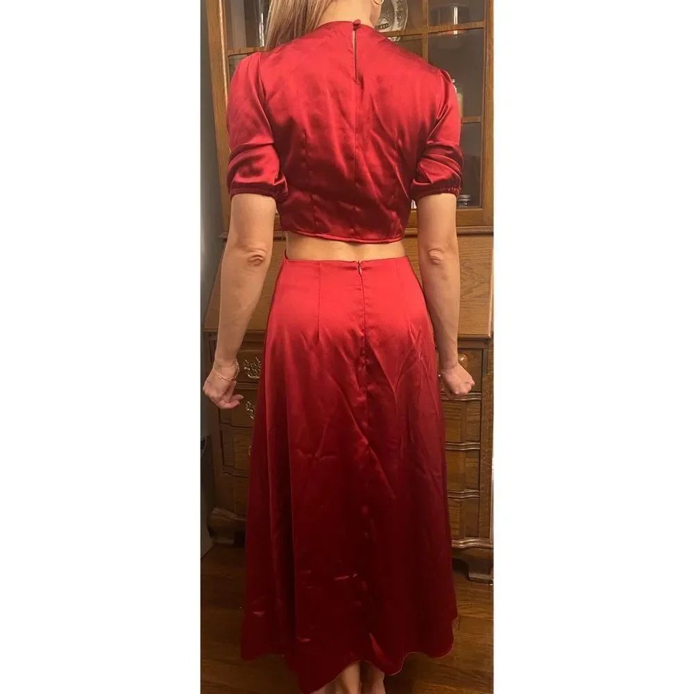 ANTHROPOLOGIE  RED SATIN CUT OUT MIDI DRESS - Picture 6 of 8
